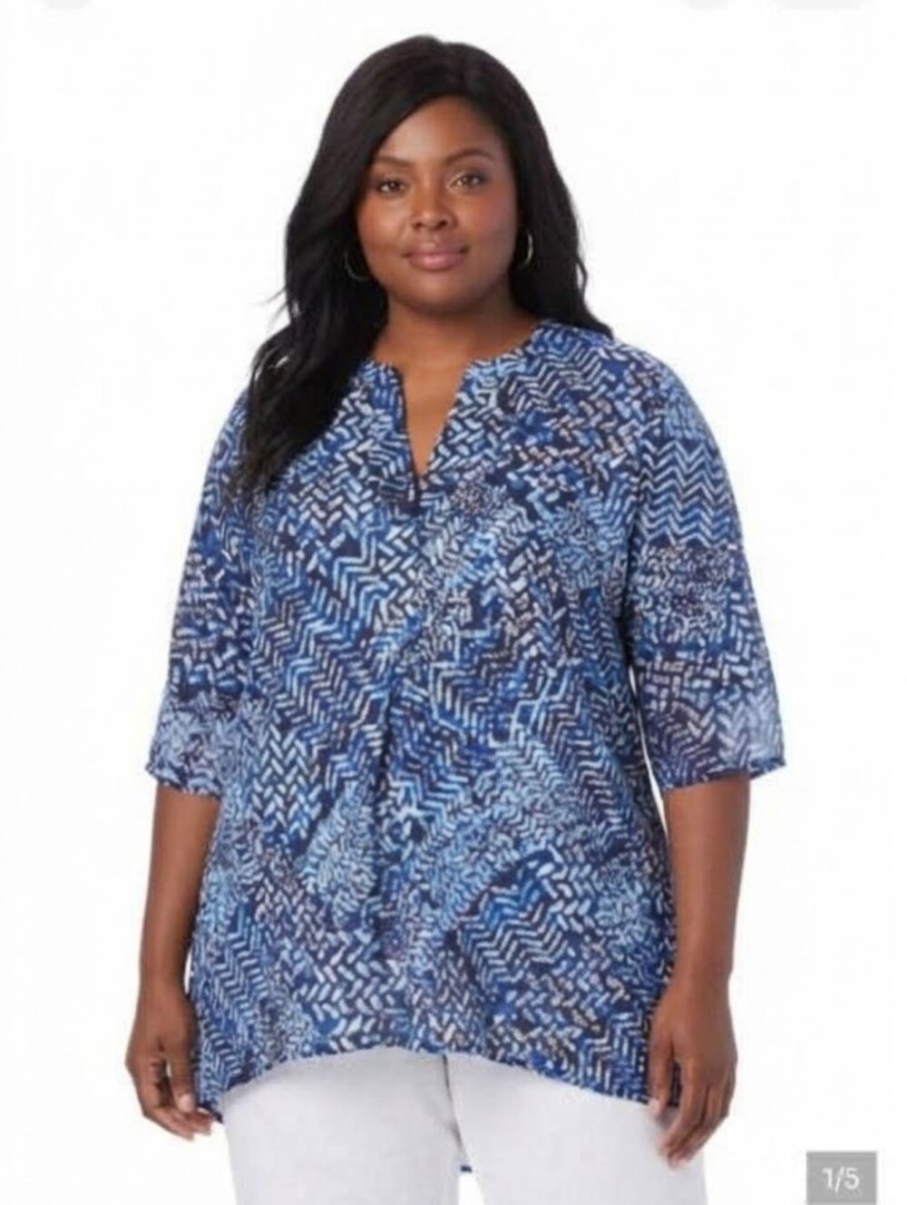 Jessica London Women 30W 5x Blue/ White Linen/ Chiffon Flowy Tunic Blouse Top